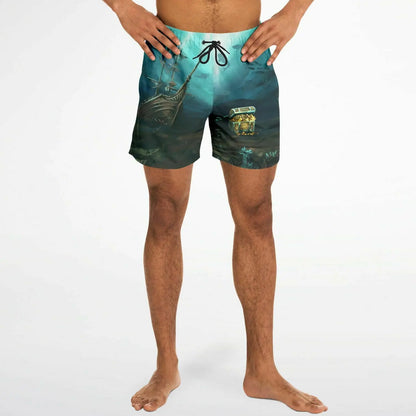 Men's swim shorts by Maris Equi featuring a vibrant underwater treasure design with an elastic waistband and drawstring.