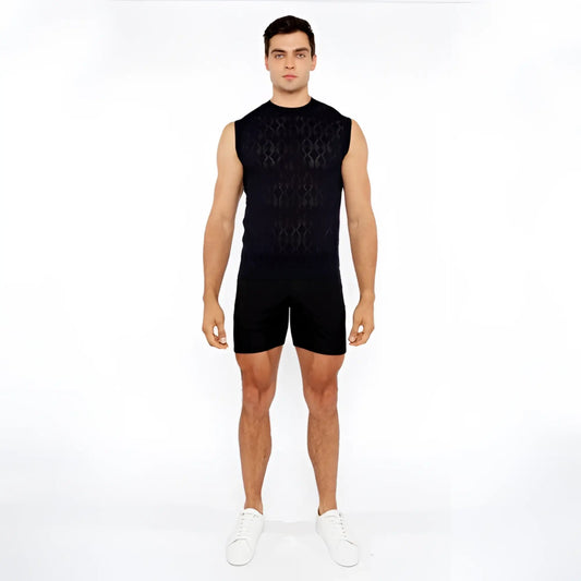 Black sleeveless diamond pointelle knit vest with intricate geometric pattern made of breathable knit fabric