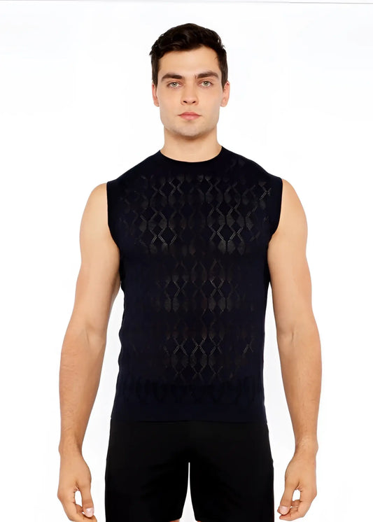 Black sleeveless knit vest with subtle diamond pointelle texture perfect for layering or casual wear
