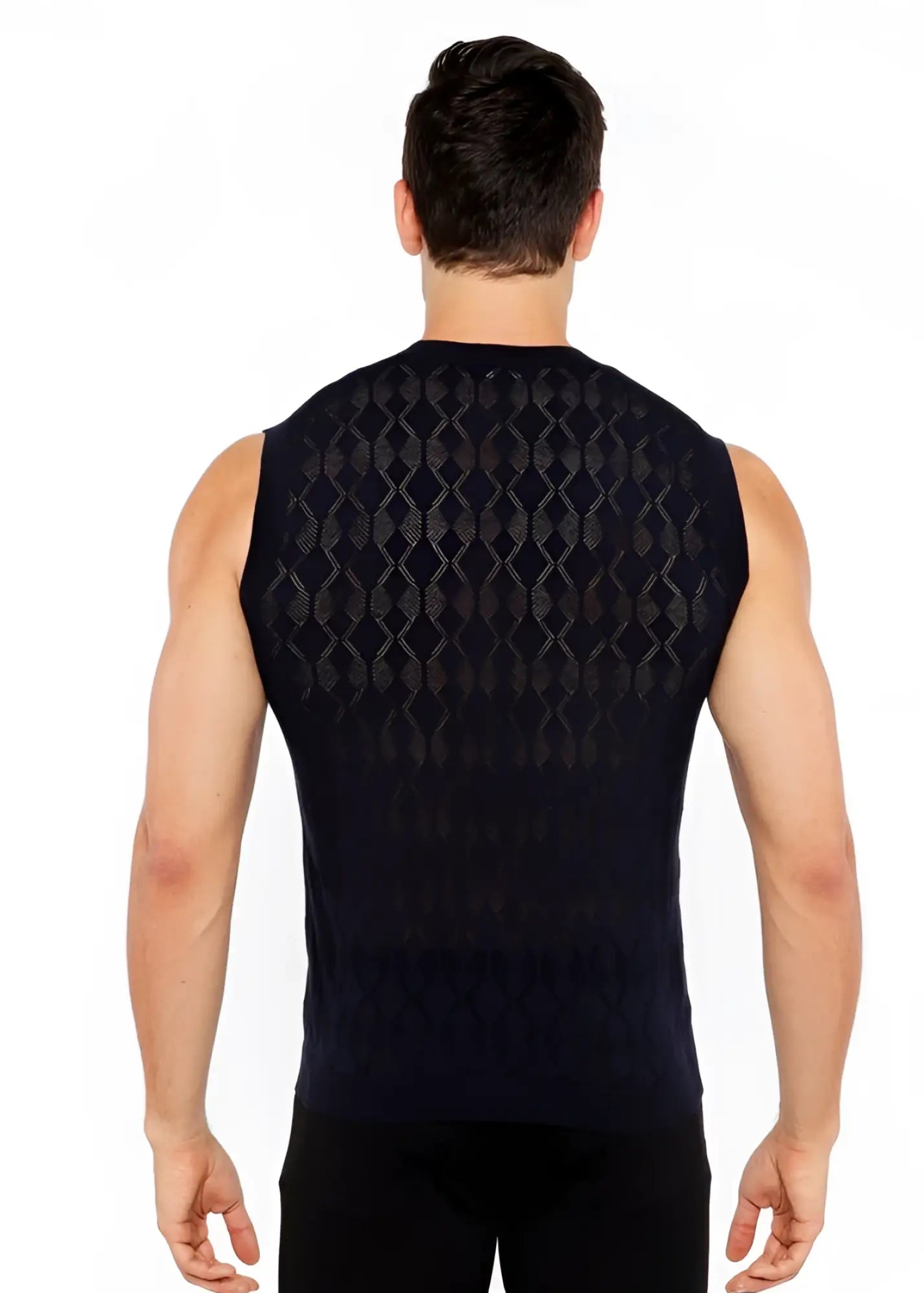 Black sleeveless diamond pointelle knit vest showing textured diamond pattern across the back side