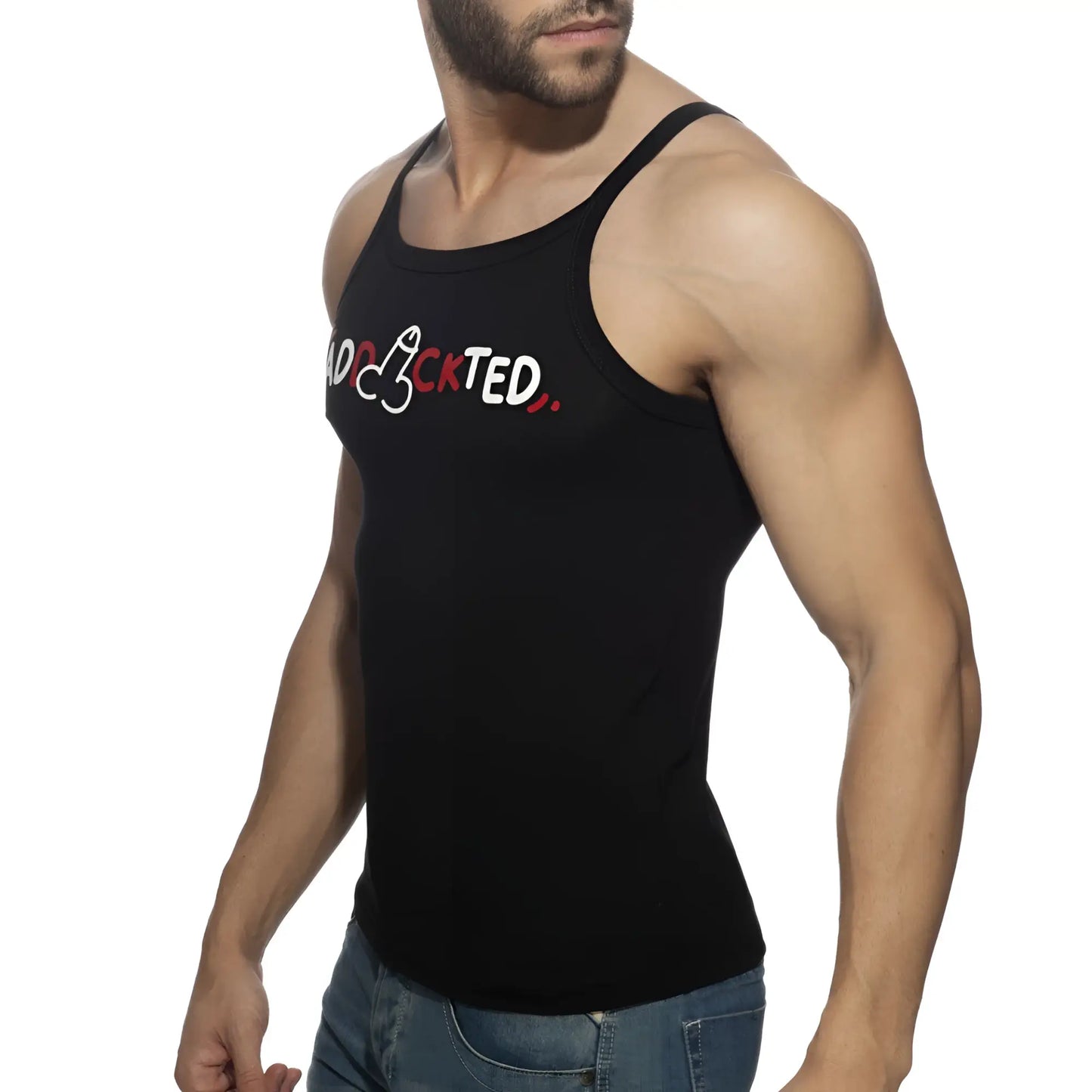 Black tank top with addicted graphic in white and red lettering across the chest for casual wear