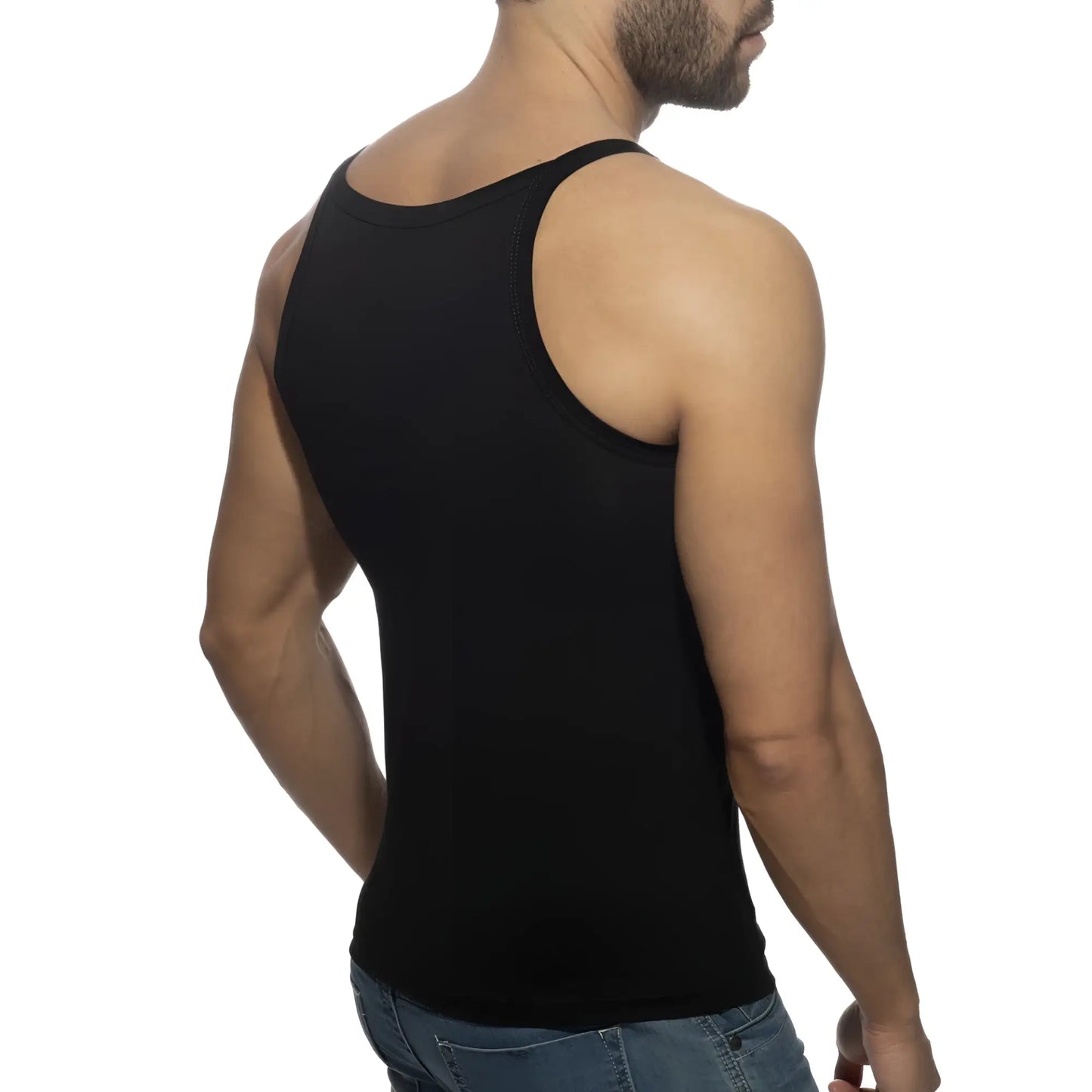 Black sleeveless fitted tank top with simple design from dick addickted perfect for casual wear