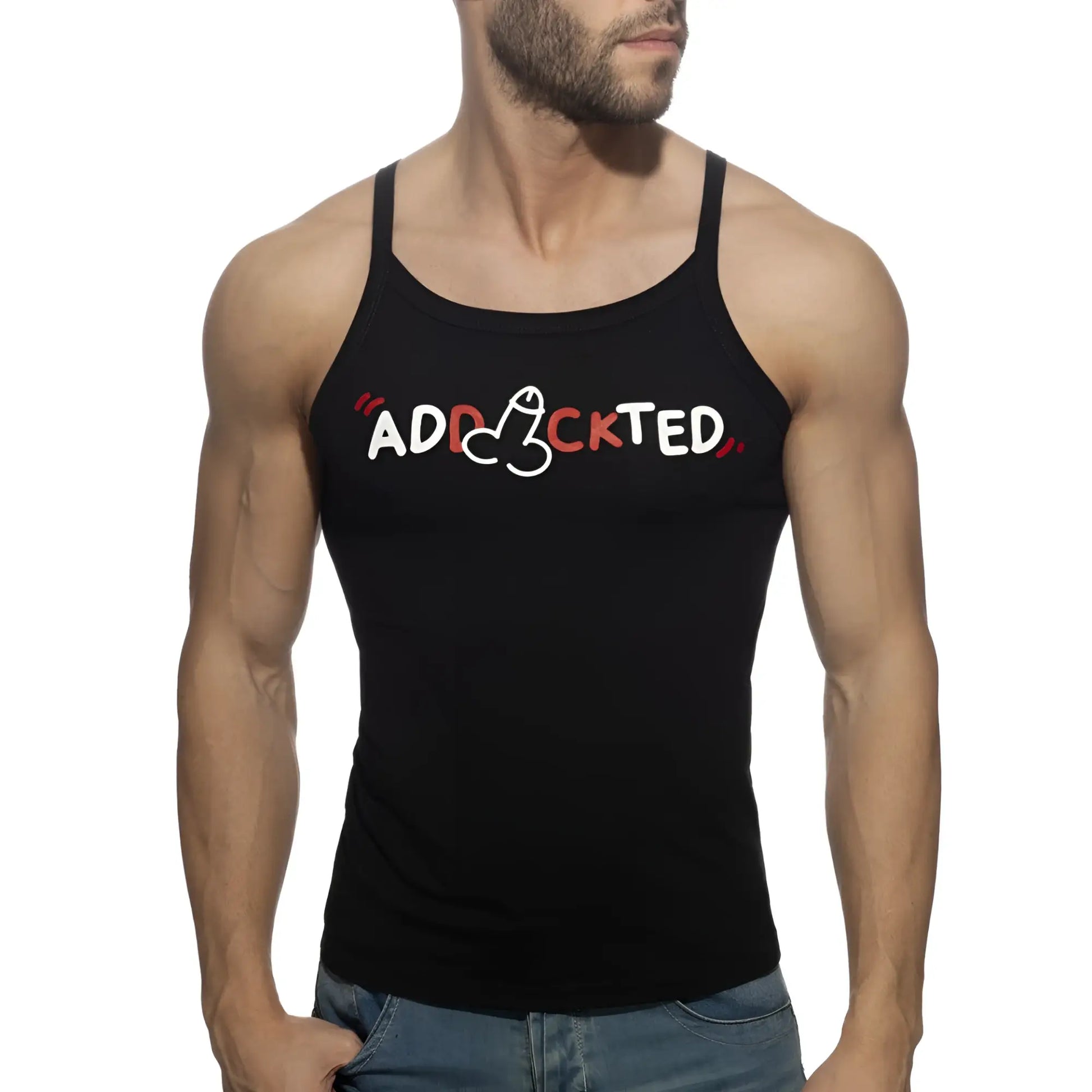 Black tank top featuring a white and red addicted graphic with a stylized phallic symbol replacing the o