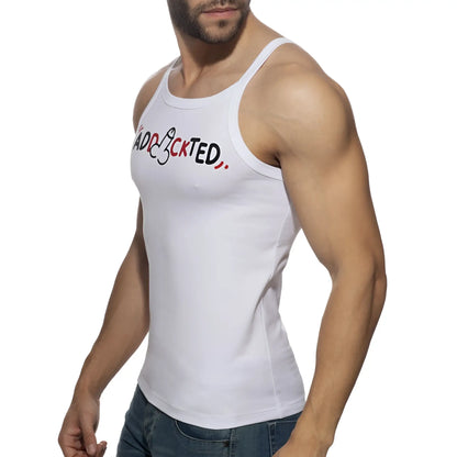 White tank top featuring black and red addicted lettering across the chest from dick addickted tank top collection