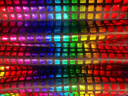 Disco queen tank featuring rainbow-colored holographic fabric with shimmering reflective squares for a bold look