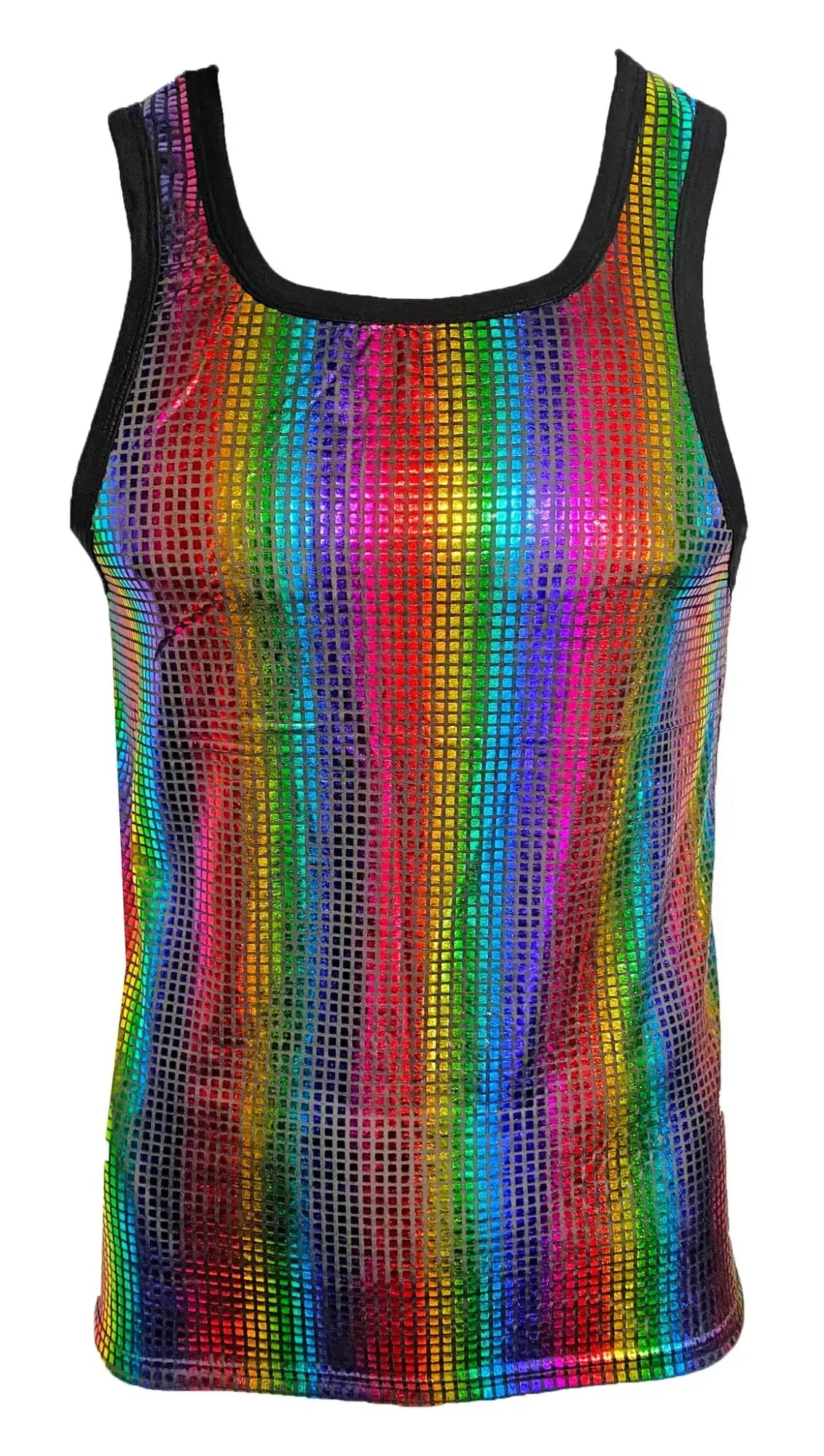 Disco queen tank rainbow holographic mesh tank top with black trim perfect for vibrant dancewear looks