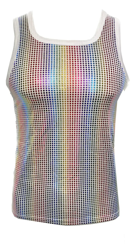Disco queen tank is a rainbow holographic mesh tank top with white trim perfect for vibrant party outfits
