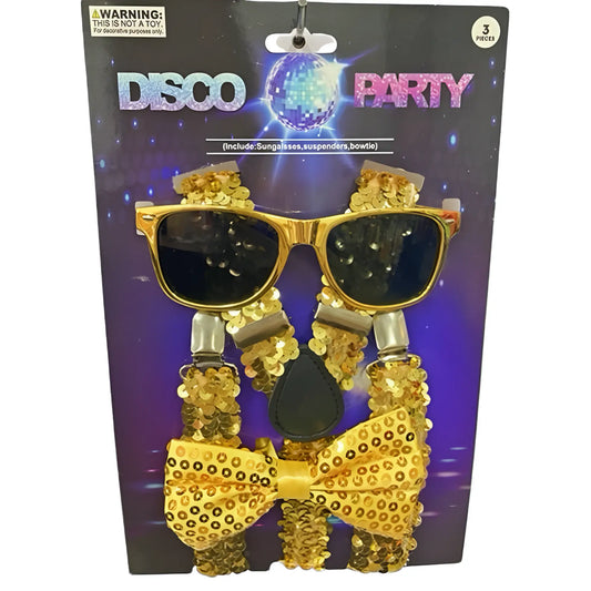 Disco sequin kit gold featuring a gold sequined sunglasses suspenders and bow tie set for party accessories