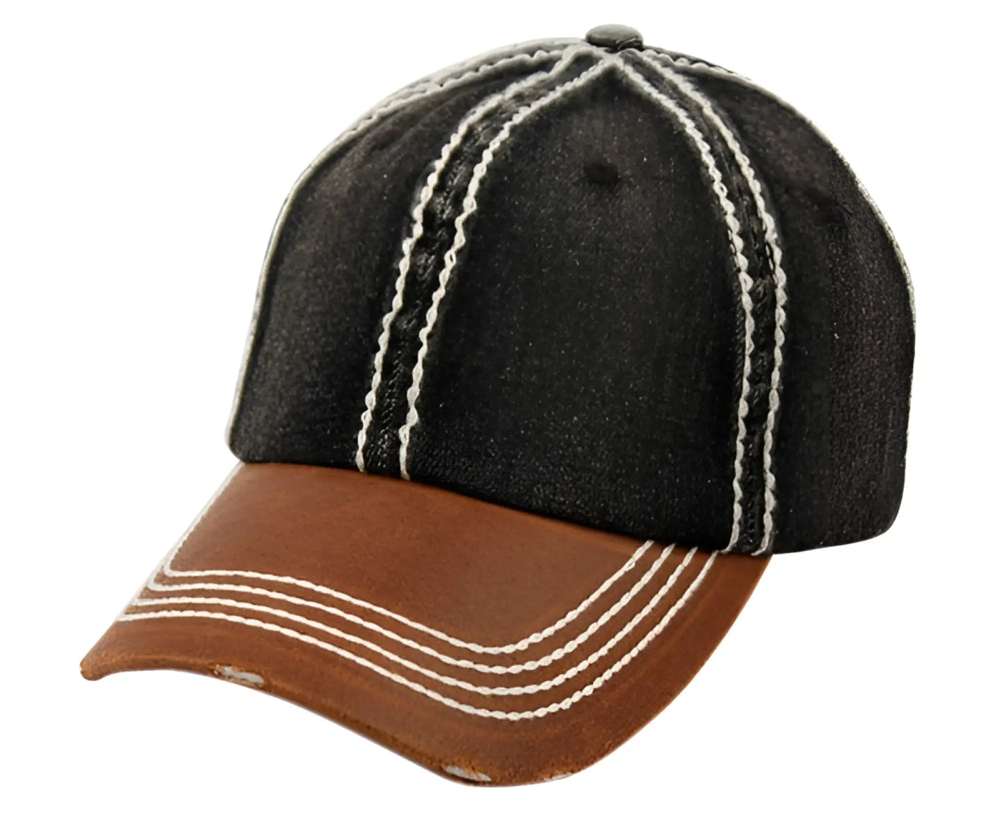 Distressed washed denim two tone cap with black denim top brown leather brim and white stitching detail