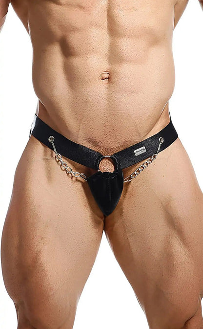 Black leather thong jockstrap with silver chain and metal ring detail by dngeon chain jockstrap animal