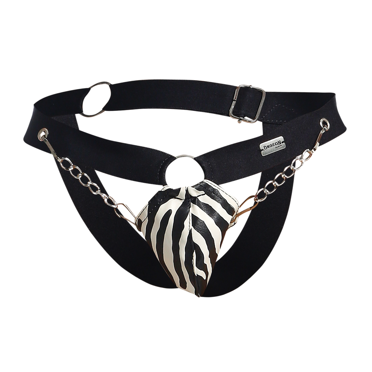 Black leather dngeon chain jockstrap with zebra striped heart shaped pouch attached by silver chains back view