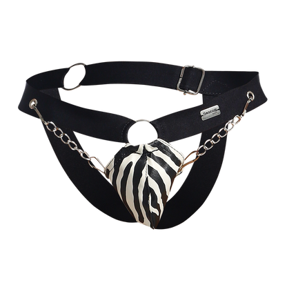 Black leather dngeon chain jockstrap with zebra striped heart shaped pouch attached by silver chains back view