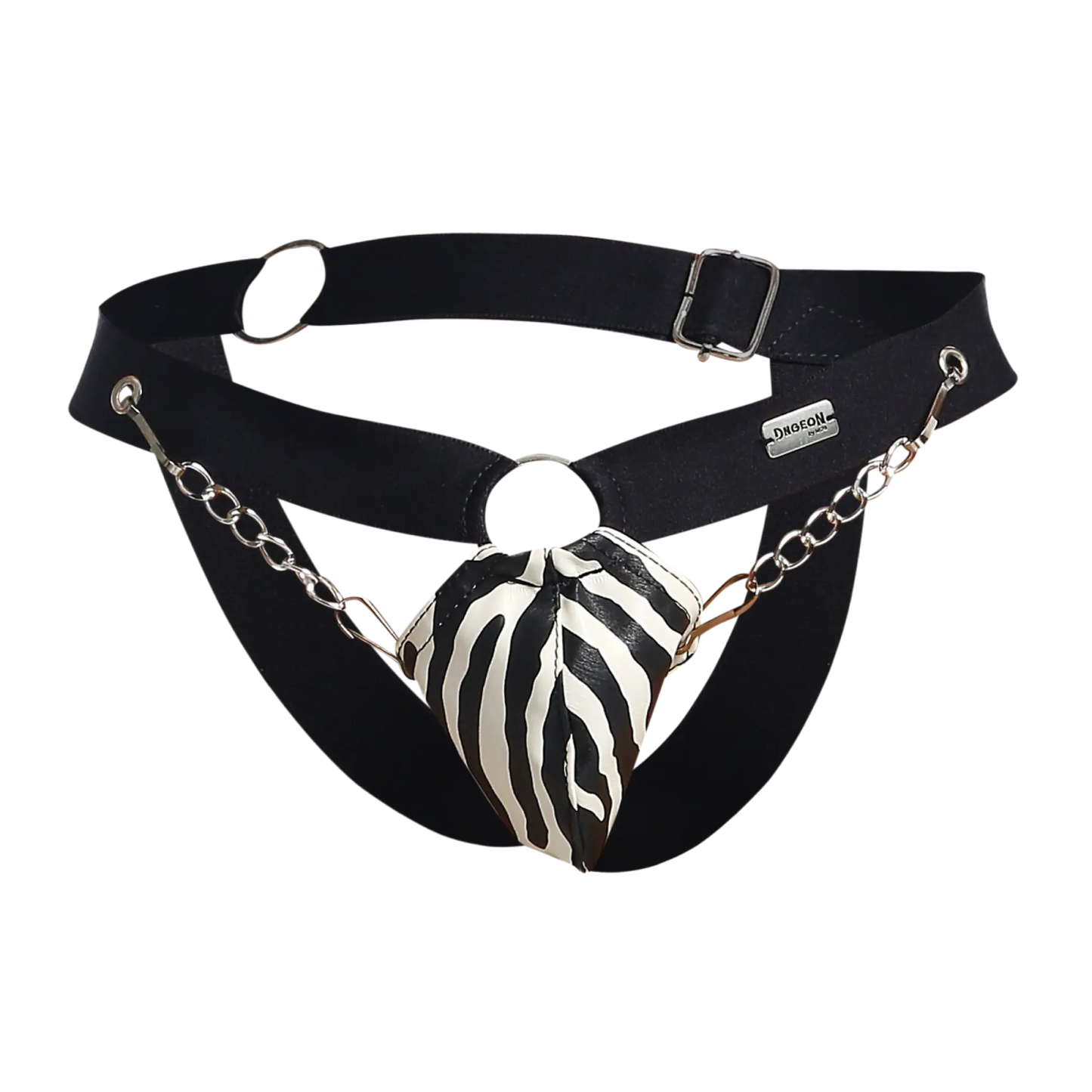Black leather dngeon chain jockstrap with zebra striped heart shaped pouch attached by silver chains back view