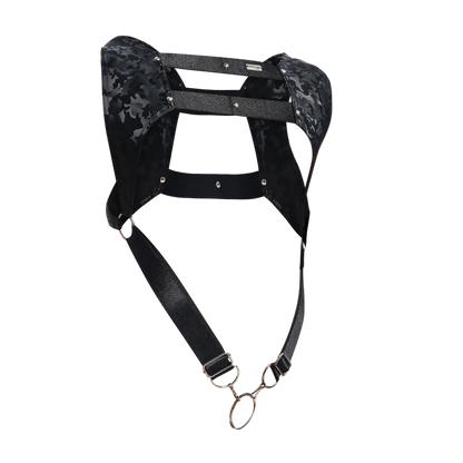 Dngeon croptop harness camo in black camouflage pattern with metallic hardware and adjustable straps front view
