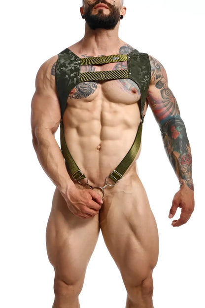 Dngeon croptop harness camo in green camouflage with reinforced straps and metal hardware visible from the back side