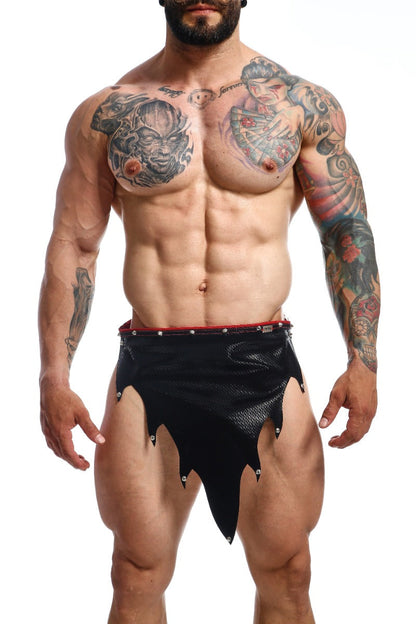 Dngeon fire skirt black mesh shorts with red waistband and silver studs along the edges