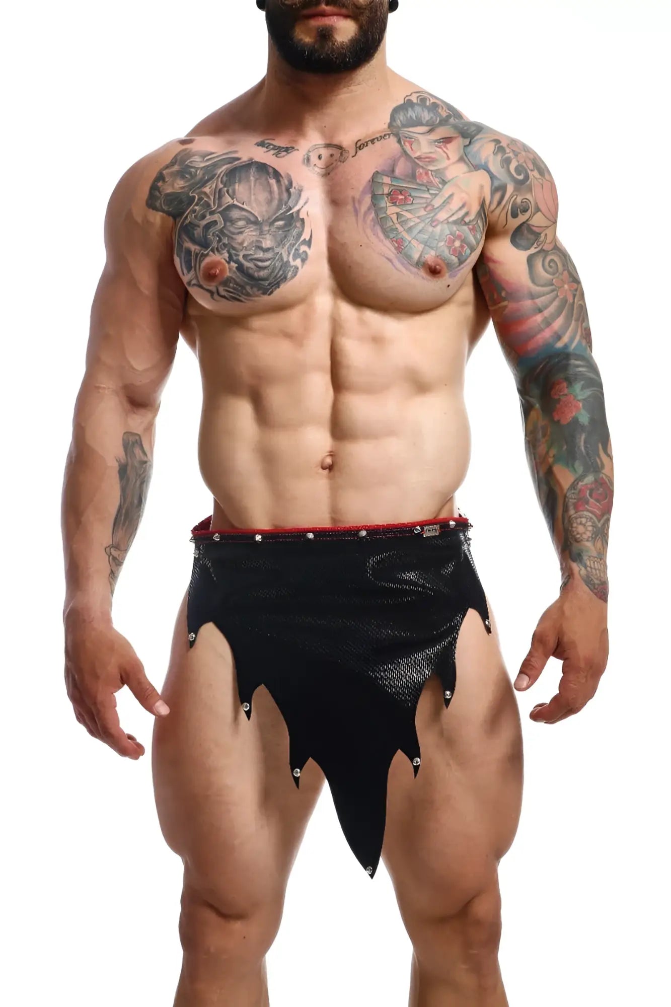 Dngeon fire skirt black mesh shorts with red waistband and silver studs along the edges