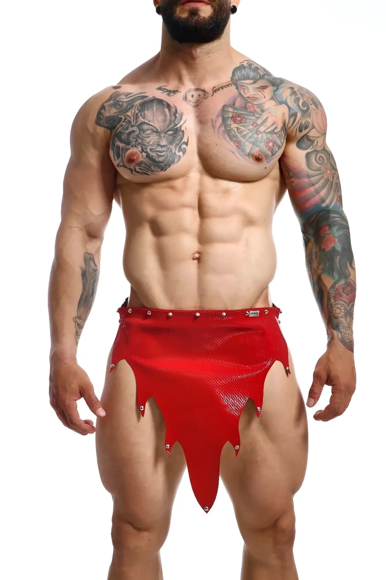 Dngeon fire skirt red shiny faux leather tribal shorts with metallic studs along hem and sides