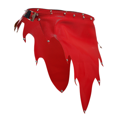 Dngeon fire skirt red studded leather belt with metallic buckle and jagged frayed edges