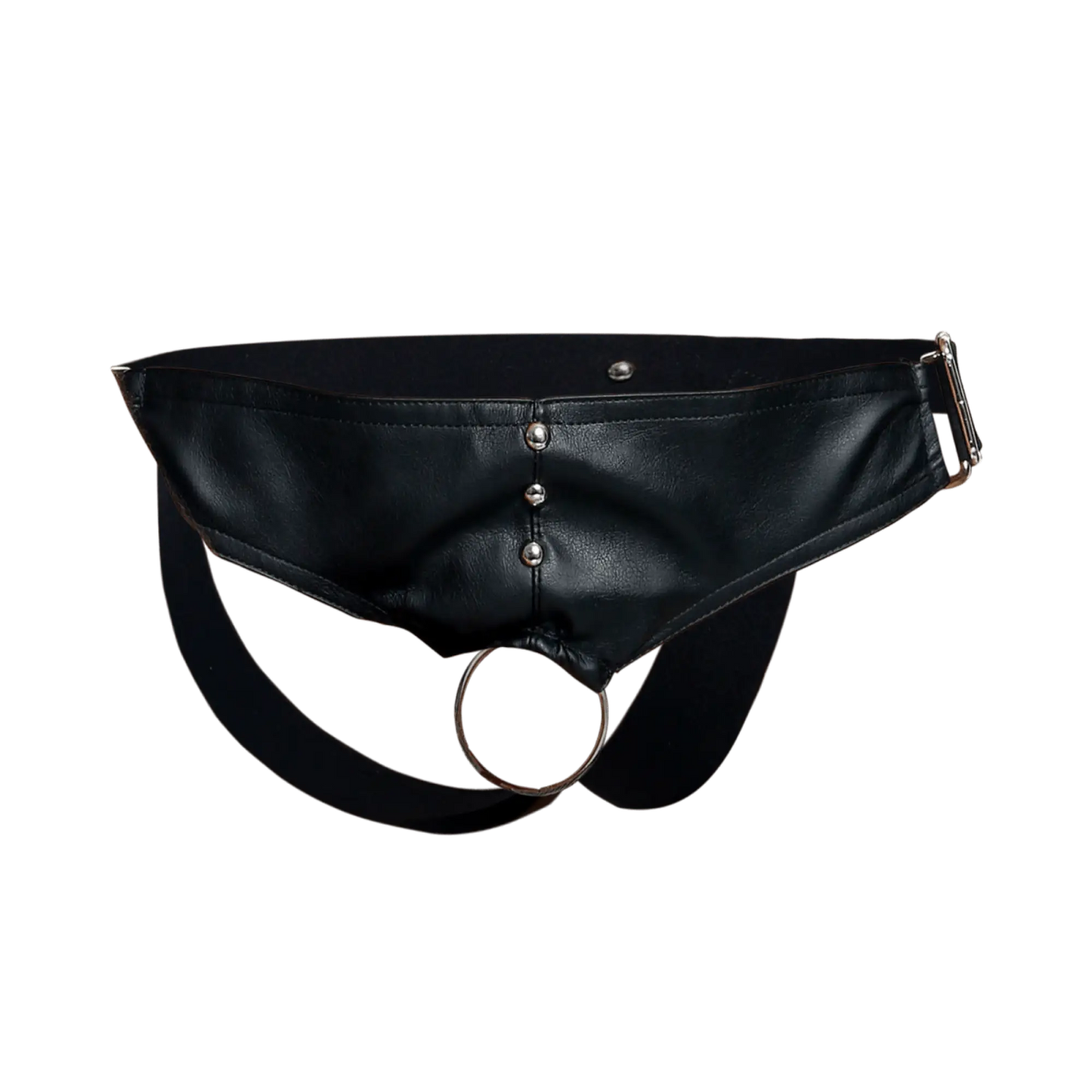 Black leather belt bag with silver metal studs and a circular ring featured in the DNGEON C-ring Jockstrap product