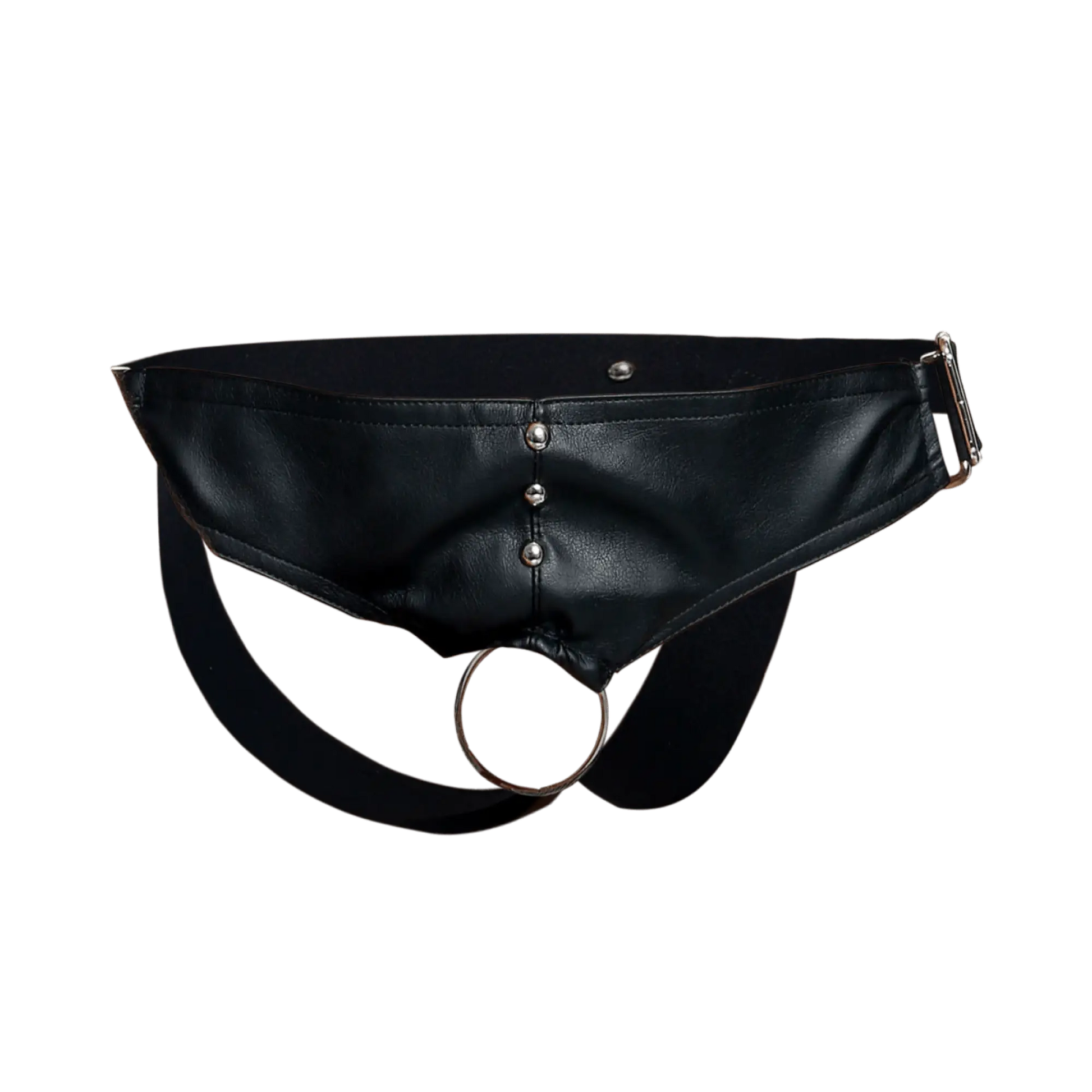 Black leather belt bag with silver metal studs and a circular ring featured in the DNGEON C-ring Jockstrap product