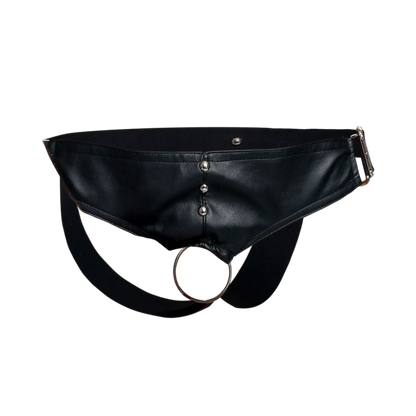 Black leather belt bag with silver metal studs and a circular ring featured in the DNGEON C-ring Jockstrap product