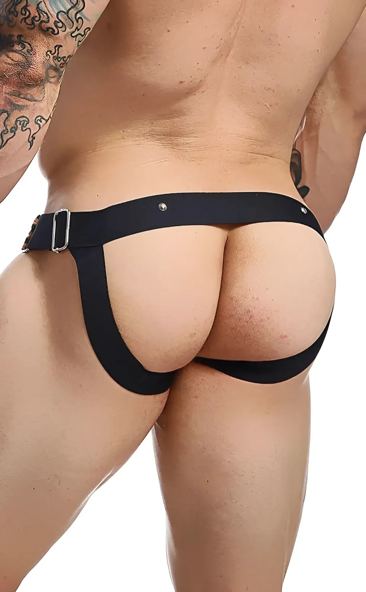 Black leather-style dngeon c-ring jockstrap briefs with silver metal buckle and rivets front view