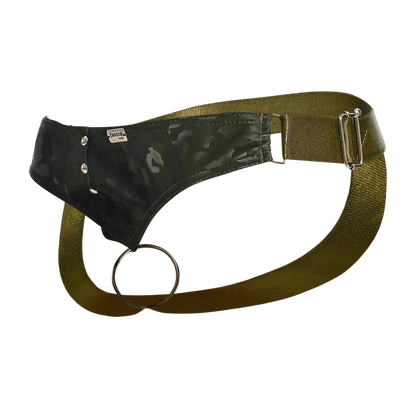 Olive green utility belt with black camouflage leather patch and silver metal buckle for dngeon c ring jockstrap camo