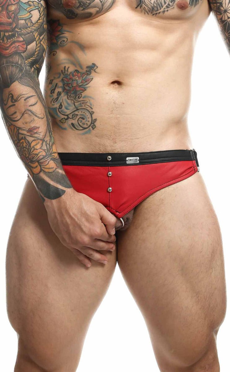 Red and black DNGEON c-ring jockstrap men’s briefs with button closure for secure fit and comfort