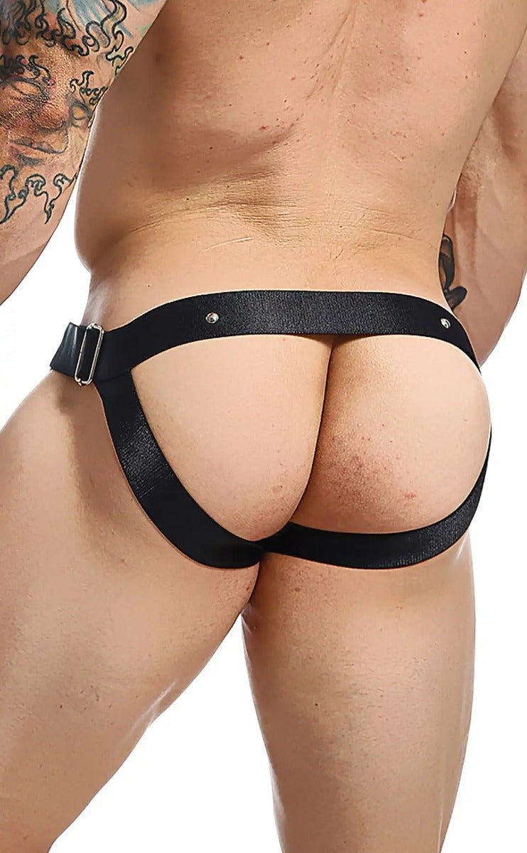 Dngeon c-ring jockstrap black satin-like harness briefs with silver buckle and two small metallic studs