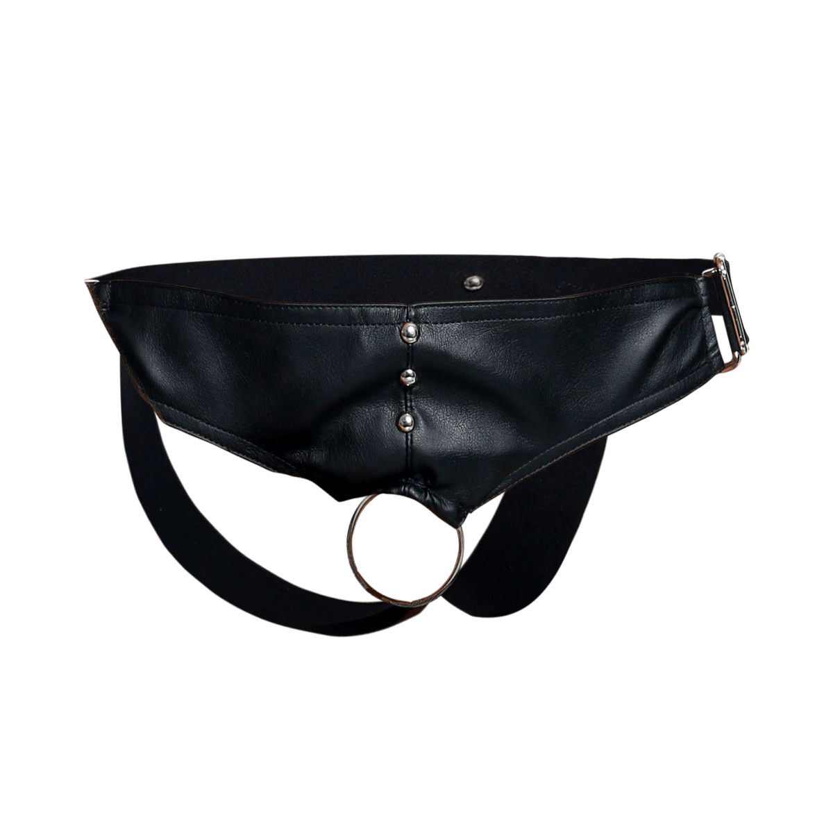 Black leather belt bag with silver metal studs and a circular ring featured in the DNGEON C-ring Jockstrap product