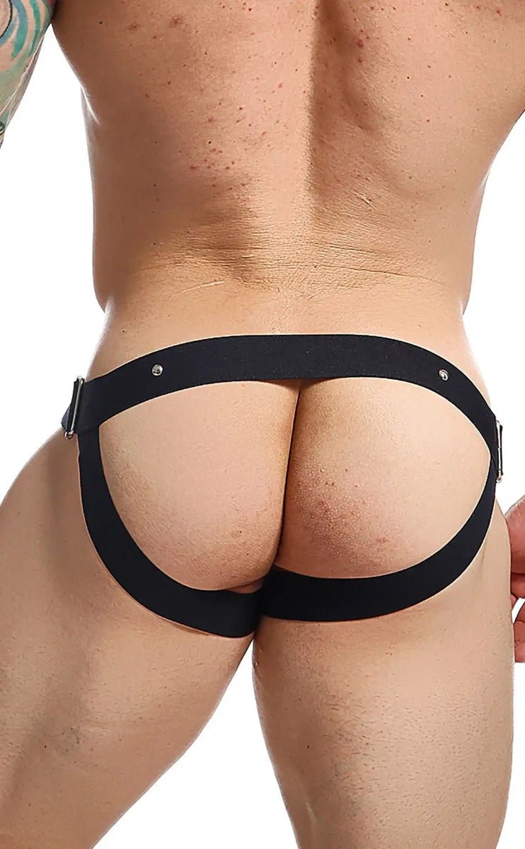 Black DNGEON C-ring jockstrap elastic briefs with wide supportive waistband and adjustable side straps visible from front