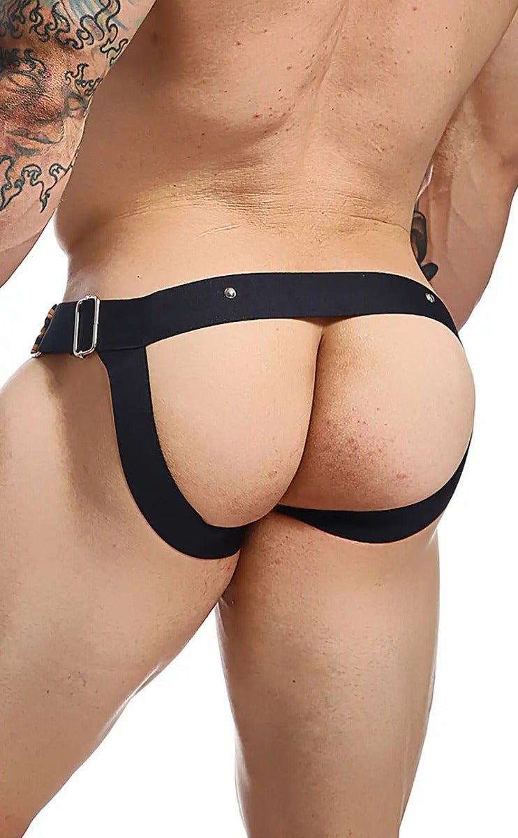 Black leather-style dngeon c-ring jockstrap briefs with silver metal buckle and rivets front view