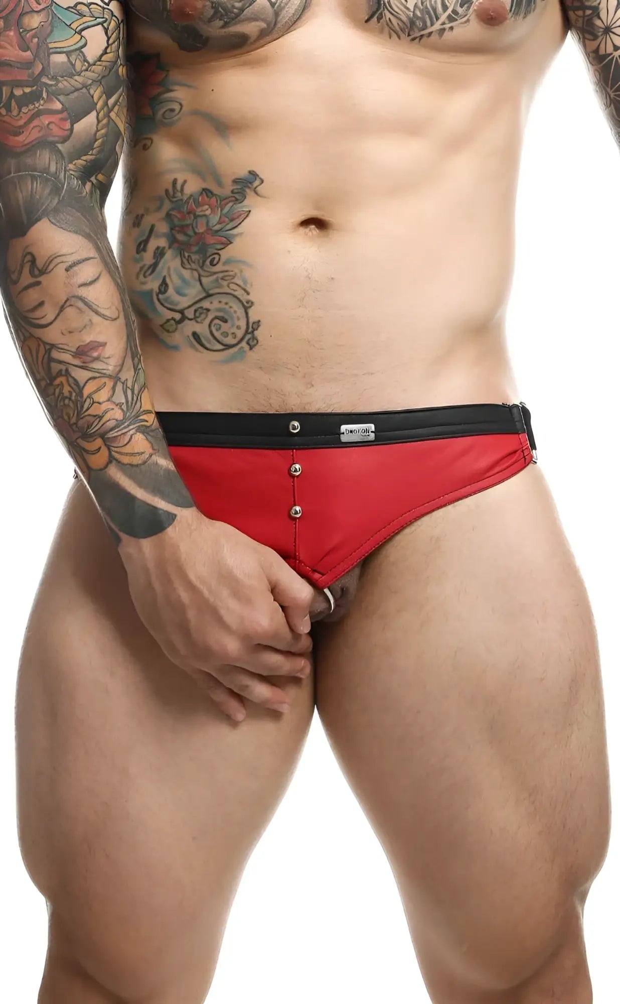 Red and black DNGEON c-ring jockstrap men’s briefs with button closure for secure fit and comfort