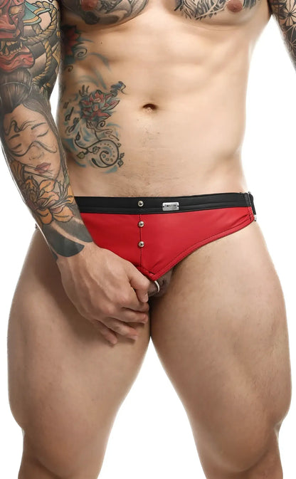 Red and black DNGEON c-ring jockstrap men’s briefs with button closure for secure fit and comfort