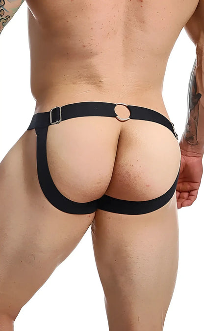 Black elasticated briefs with central metal ring and side buckles from dngeon chain jockstrap animal collection