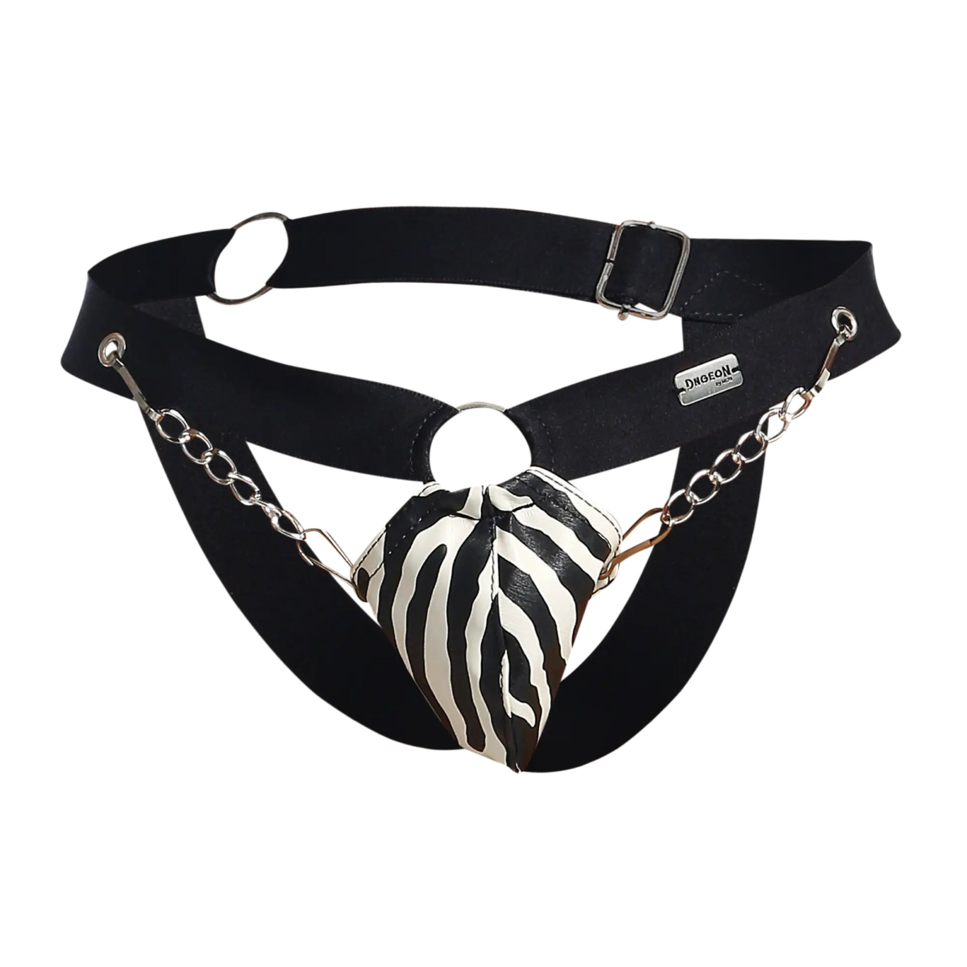 Black leather harness chain jockstrap with zebra striped heart shaped pouch attached by silver chains by DNGEON