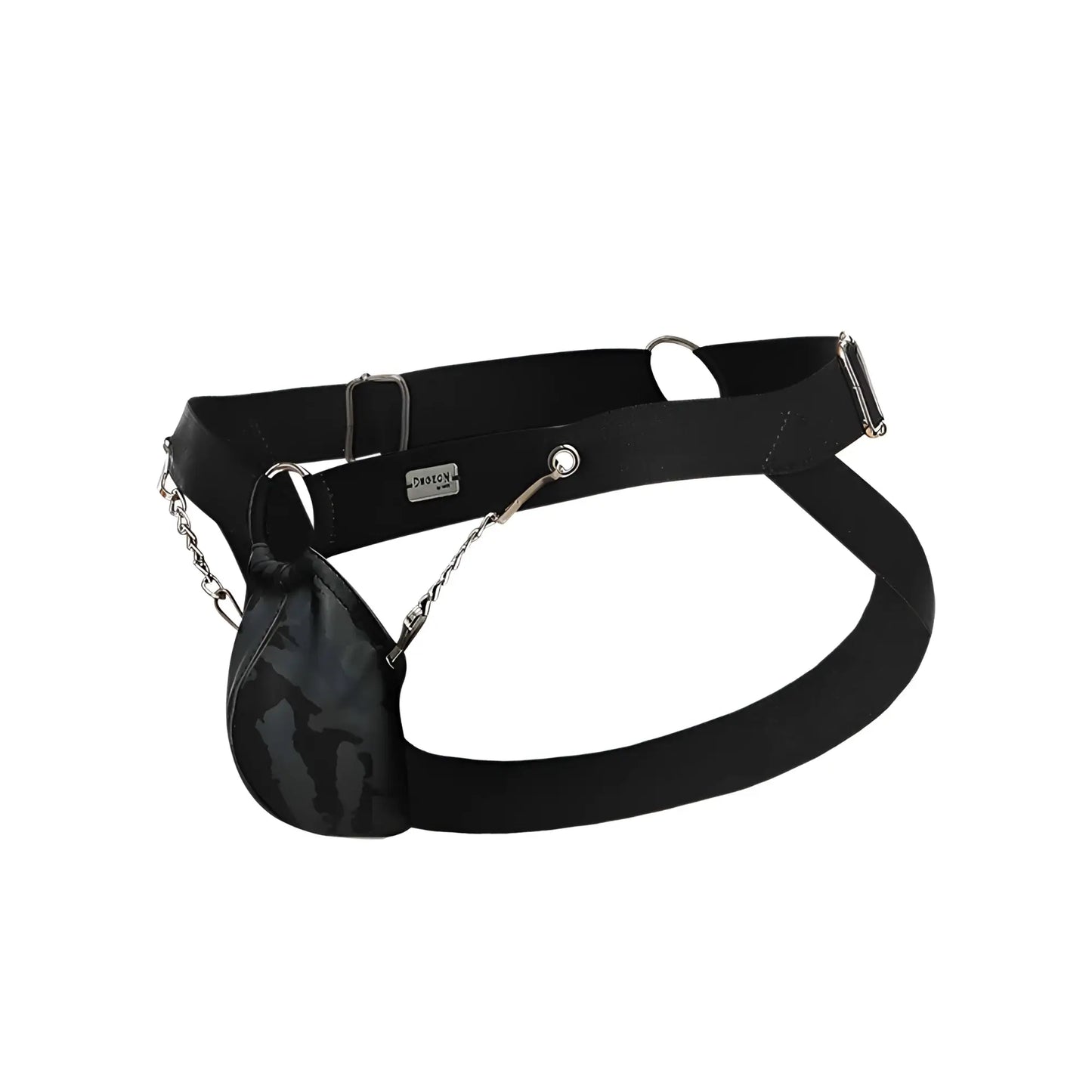 Black elastic belt with camouflage pouch attached by silver chain in DNGEON chain jockstrap product design