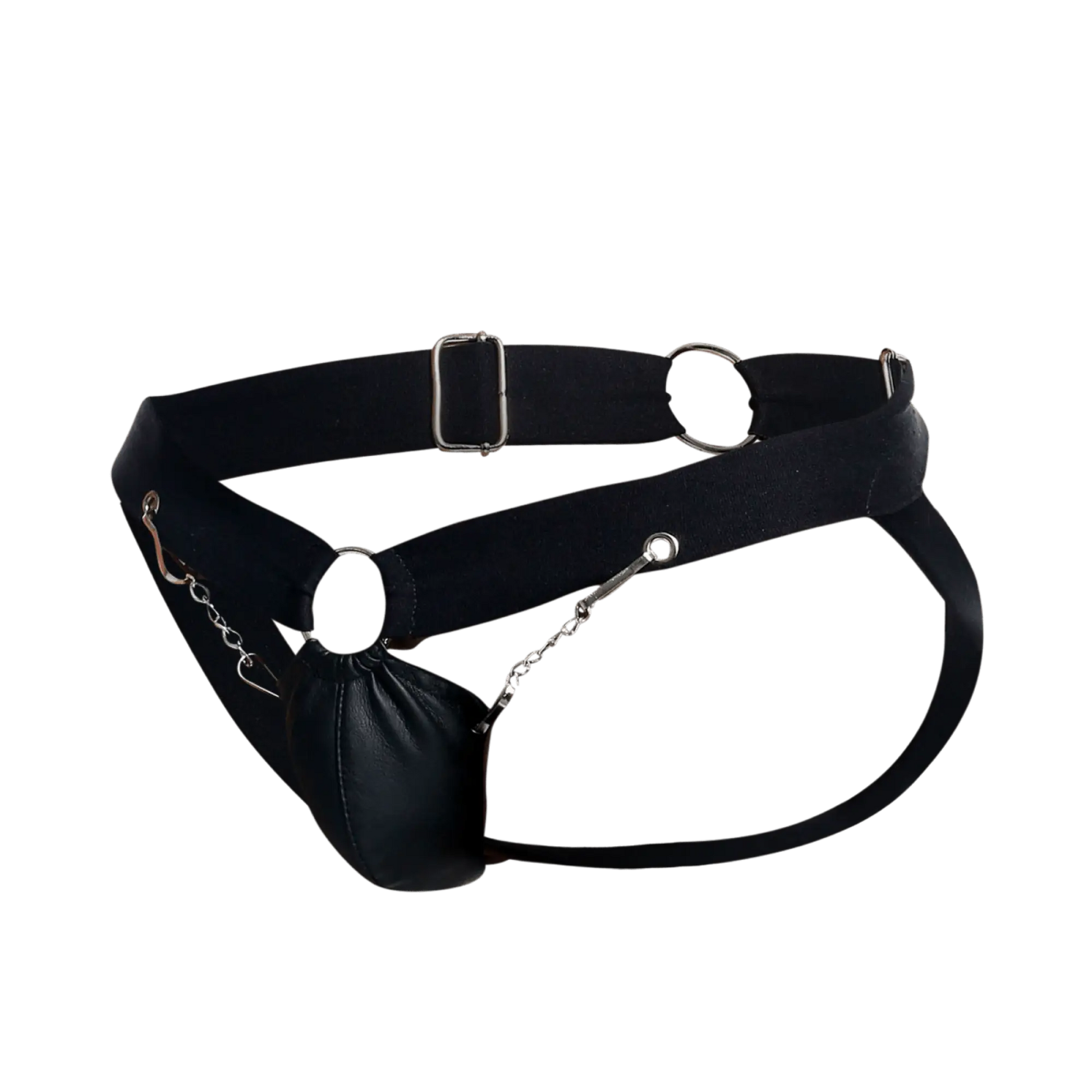 DnGeon chain jockstrap black leather belt with silver metal hardware and attached dangling pouch on chains