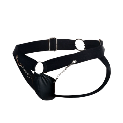 DnGeon chain jockstrap black leather belt with silver metal hardware and attached dangling pouch on chains
