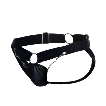 Dngeon chain jockstrap black leather harness with silver metal hardware and a dangling pouch front view