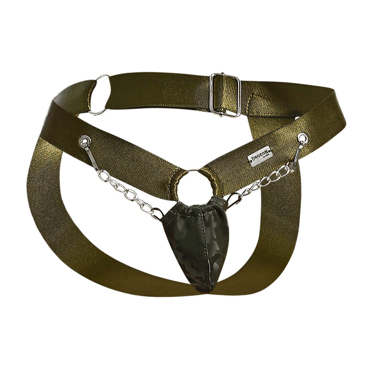 Olive green dngeon chain jockstrap with metallic chain and camouflage-patterned pouch for bold style