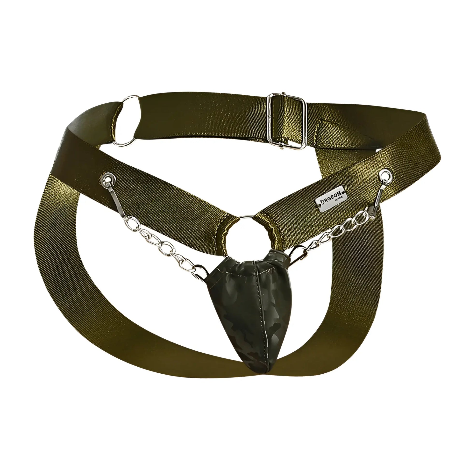 Olive green dngeon chain jockstrap with metallic chain and camouflage-patterned pouch for bold style