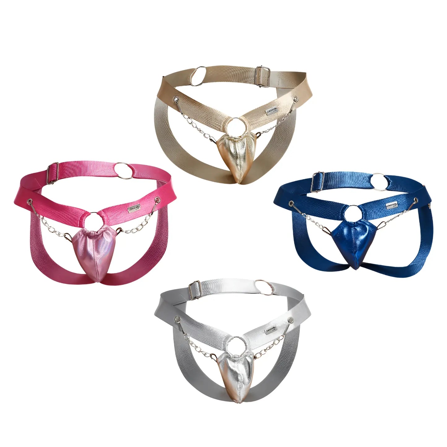 Four heart-shaped metallic finish harnesses in pink gold blue and silver from dngeon chain jockstrap mirror collection