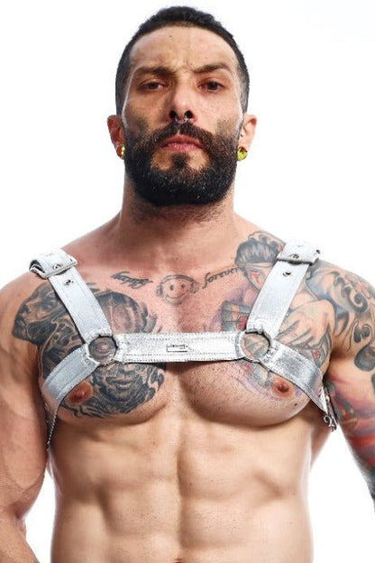 Dngeon classic belt harness silver metallic leather with adjustable straps and circular metal buckles