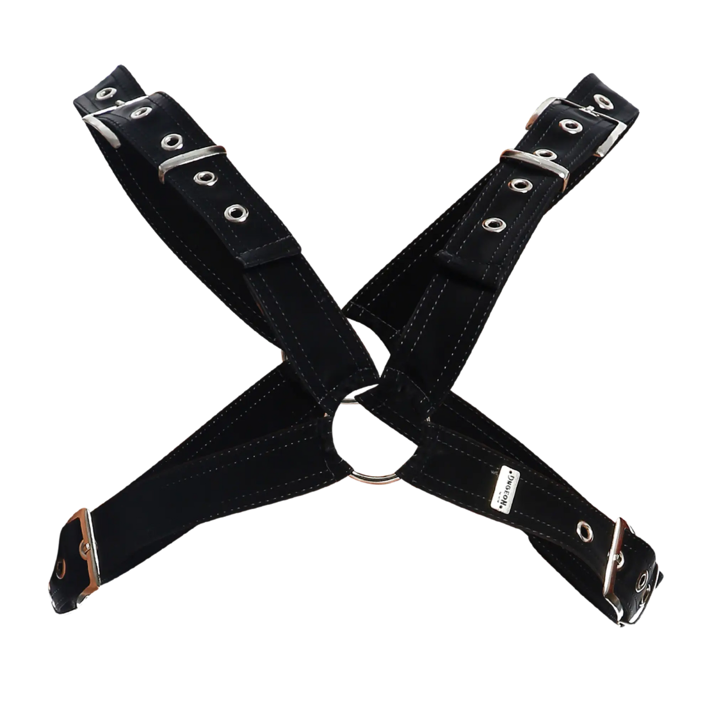 Dngeon classic cross harness black leather with silver metal buckles and eyelets shown from the back side