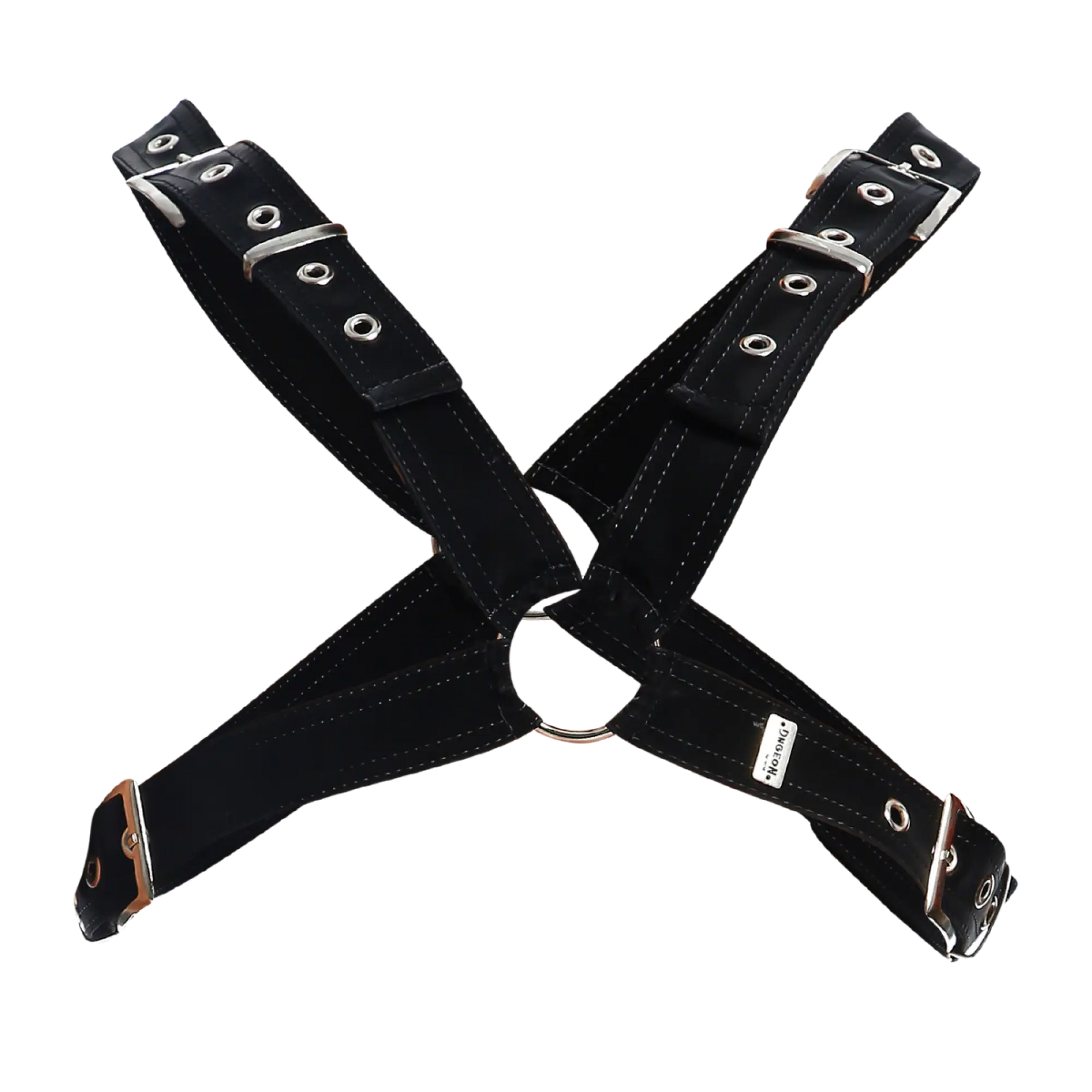 Dngeon classic cross harness black leather with silver metal buckles and eyelets shown from the back side