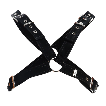 Dngeon classic cross harness black leather with silver metal buckles and eyelets shown from the back side