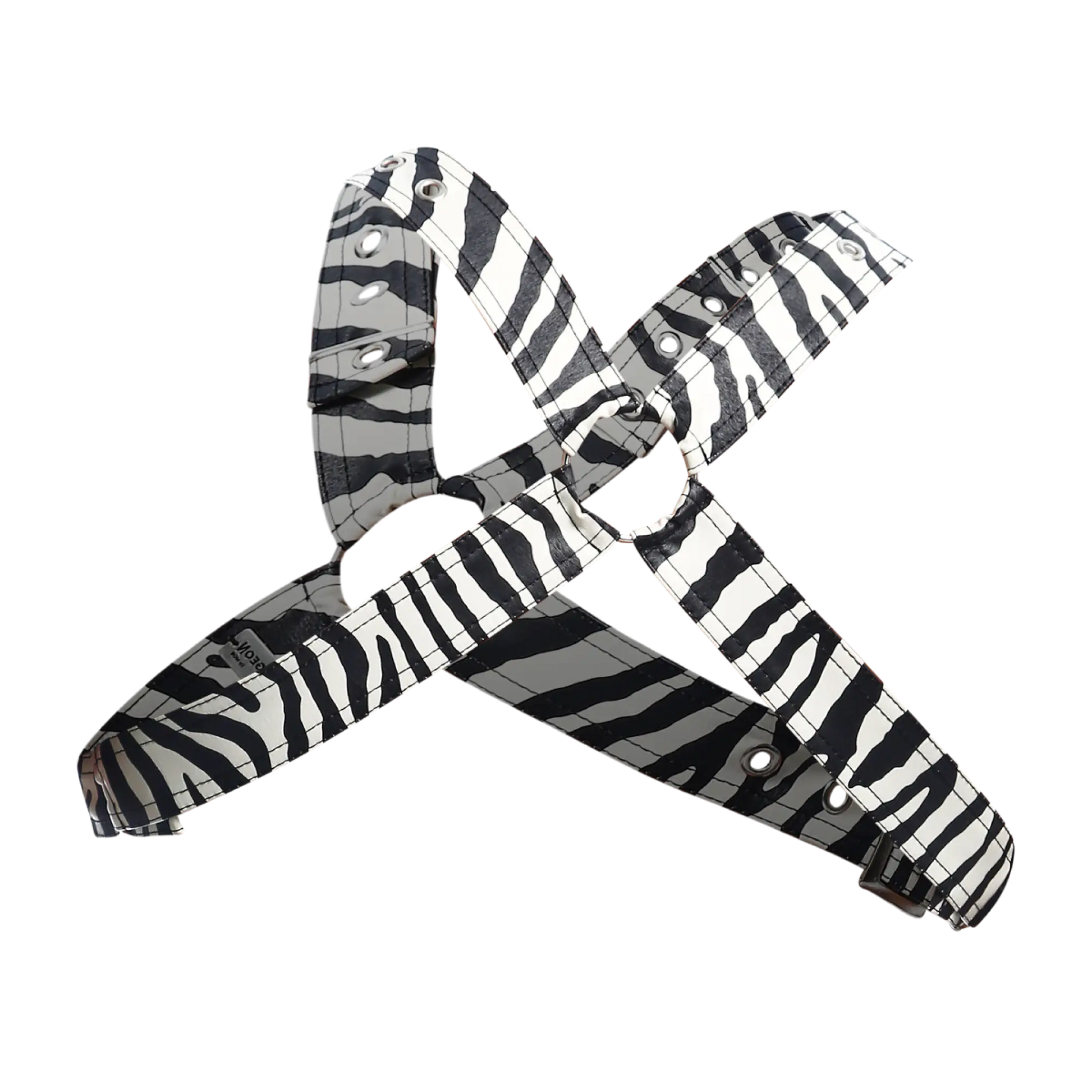 Dngeon classic cross harness black and white zebra-striped fabric with metal hardware for secure fit