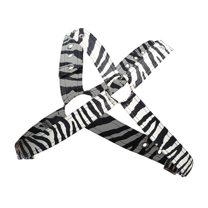 Dngeon classic cross harness black and white zebra-striped fabric with metal hardware for secure fit